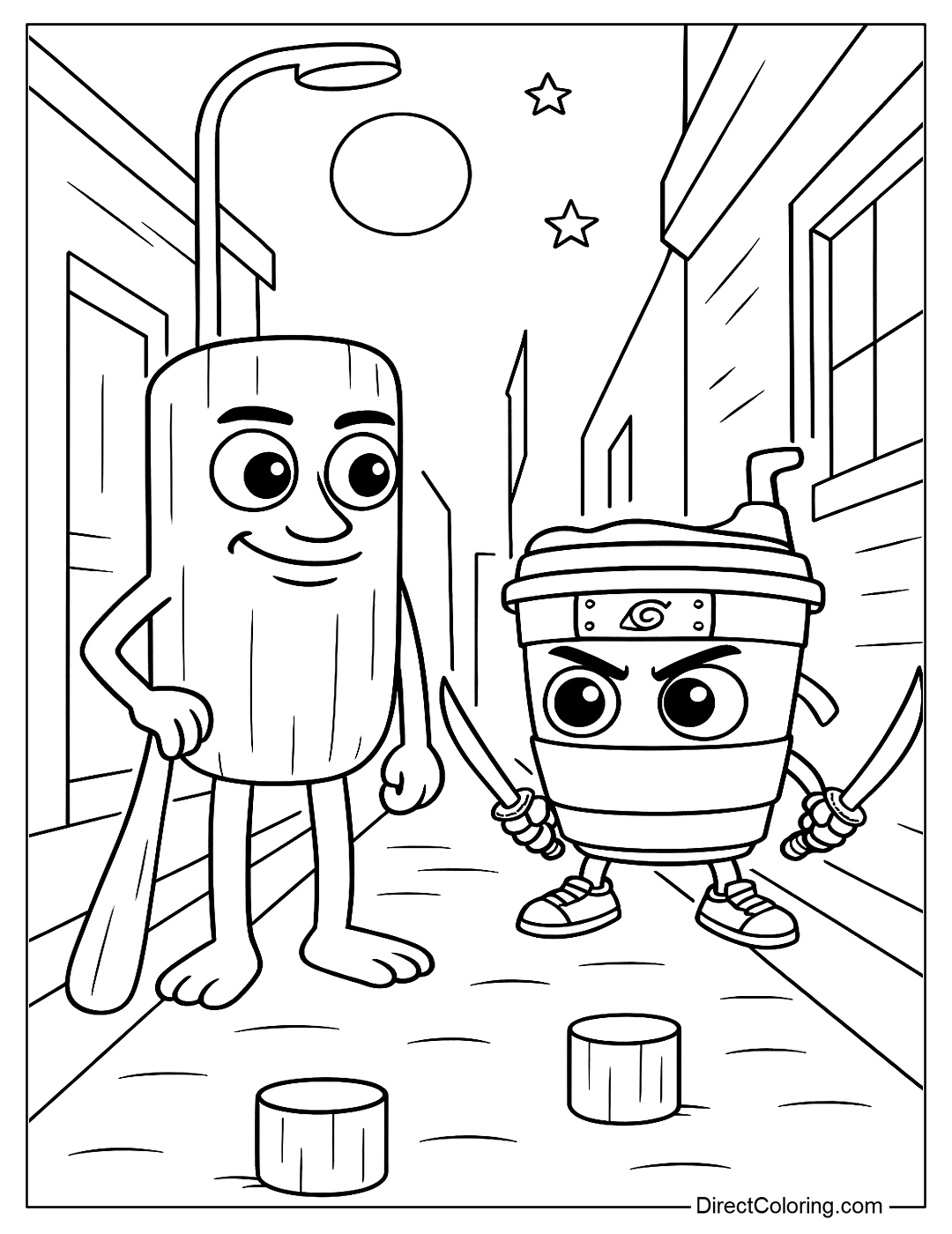 a coloring page of Sahur and Cappuccino Assassino guarding each other at two ends of the alley